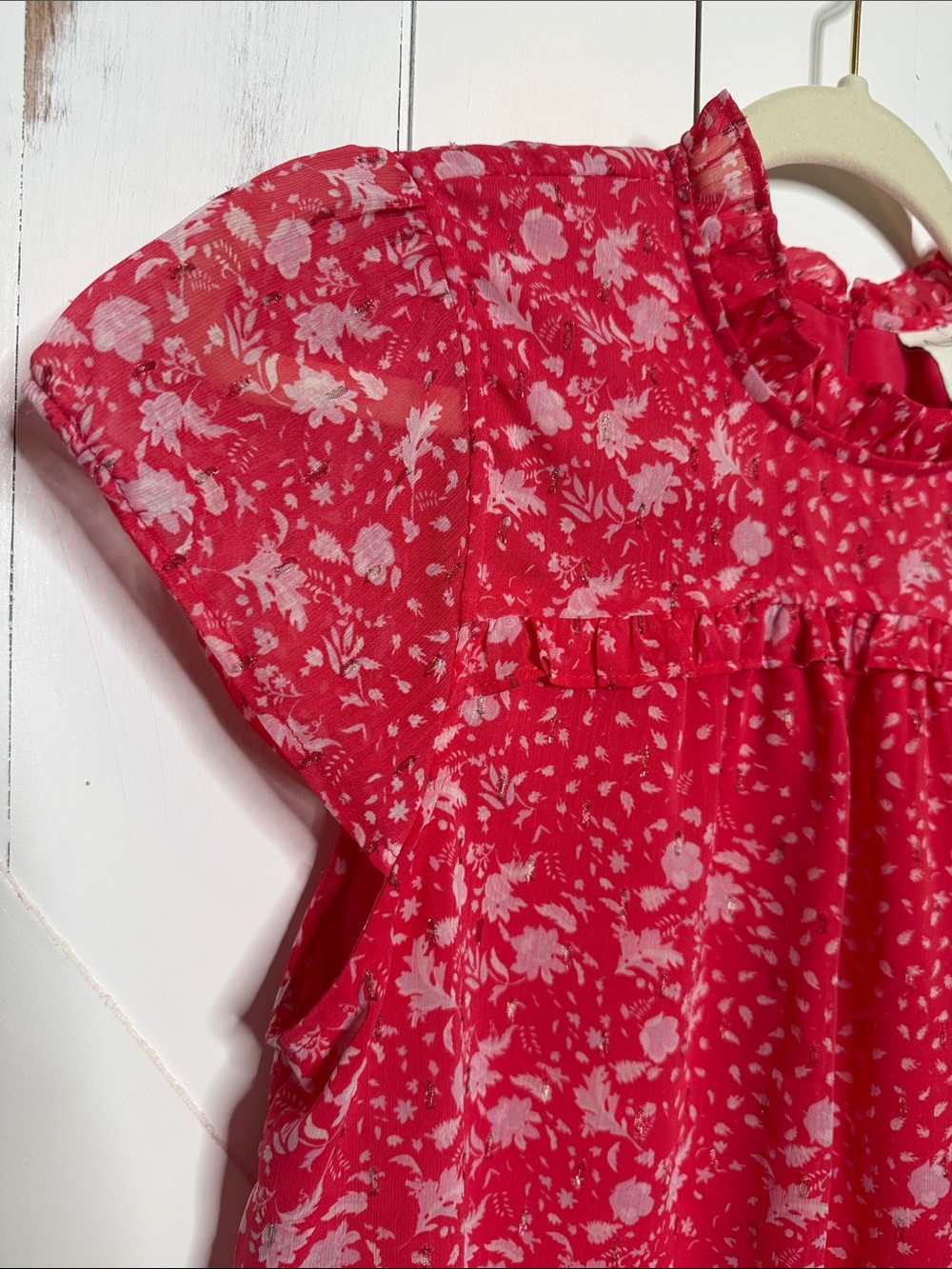 Joie Red-Pink Floral Ruffle Neck Blouse - Picture 4 of 11